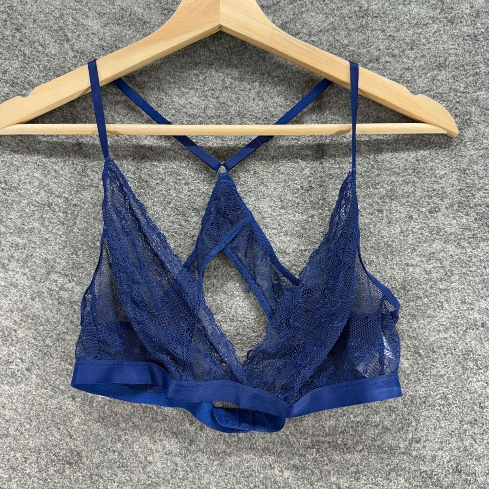 City Streets Bralette Bra Women L Large Blue Floral Lace Wireless Sheer Nylon